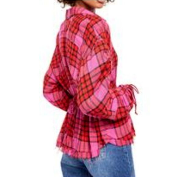 Free people we the free red and pink plaid cinched raw edge top - Picture 3 of 3